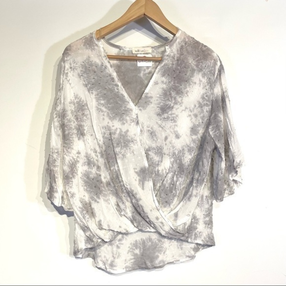 90’s Peasant Top NWT Blouse Tie Dye M Hi Low Hem Millibon Swiss Dot Flutter